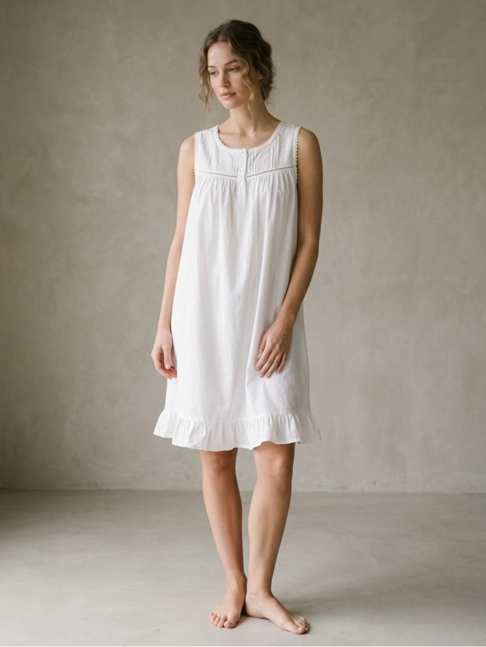 Antibes Blanc Cotton Sleeveless Nightgown Chemise Dress Size Large White Lace